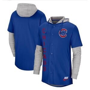 Nike Dri-Fit Mens Royal Chicago Cubs Jersey Button-Up Hoodie Blue Gray SZ Medium